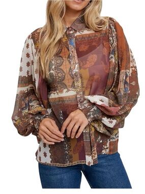 Bluivy NWT Sheer Patchwork Paisley Blouse Balloon Sleeve Boho Button Down Medium